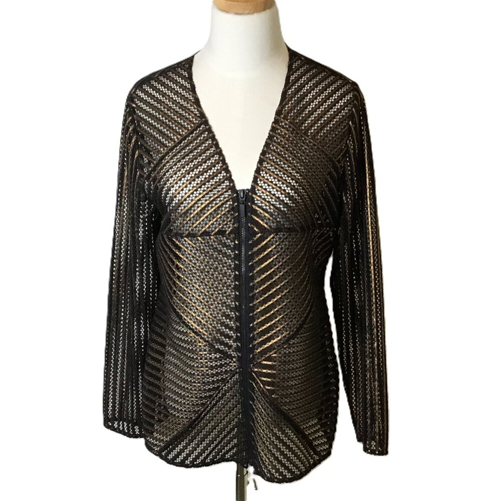 Chico’s Travelers Black‎ and Gold Stripe Mesh Zipper Jacket Size 0